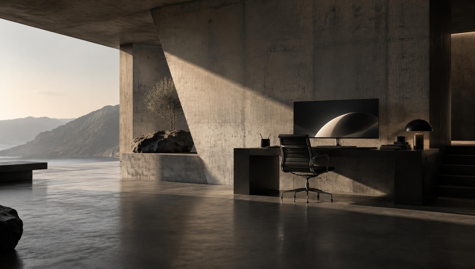 Minimalistischer digitaler Arbeitsplatz in brutalistischer Architektur